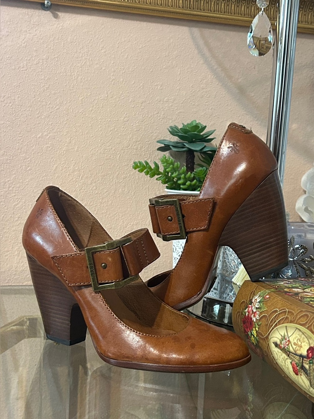 Frye Cognac Leather Mary Jane Block Heel with Buckle Strap Size 8